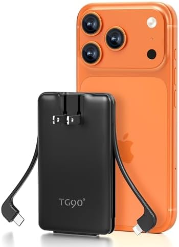 TG90° Ultra Slim 5000mAh Portable Charger Built-in Foldable AC Wall Plug and Cables, Pocket Size USB C Power Bank,External Battery Pack Compatible with iPhone 17 16 15 14 13 12 Android Devices iPad