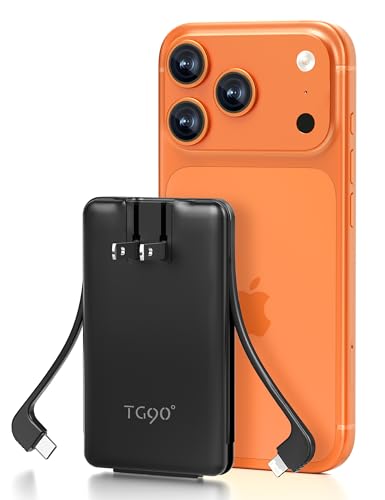 TG90° Ultra Slim 5000mAh Portable Charger Built-in Foldable AC Wall Plug and Cables, Pocket Size USB C Power Bank,External Battery Pack Compatible with iPhone 17 16 15 14 13 12 Android Devices iPad