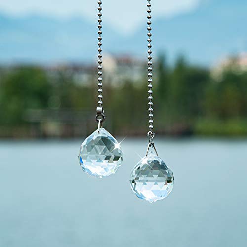 Image of Ceiling Fan Pull Chain, 2pcs 30mm Diameter Prism Ball Extension Chains with Decorative Light Bulb and Fan Cord (Clear)