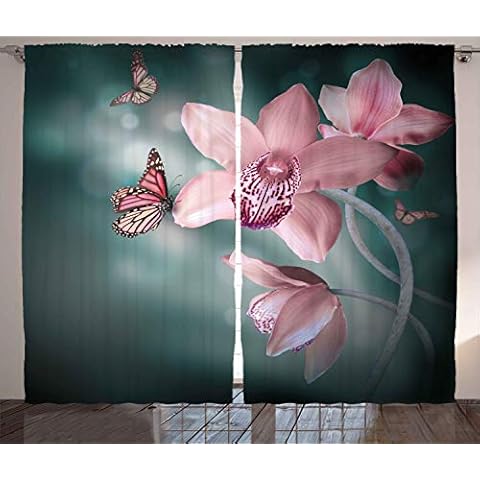 ABAKUHAUS Floral Cortinas, Mariposa de la Flor de la orquídea, Ventana Set de Dos Paños Cover