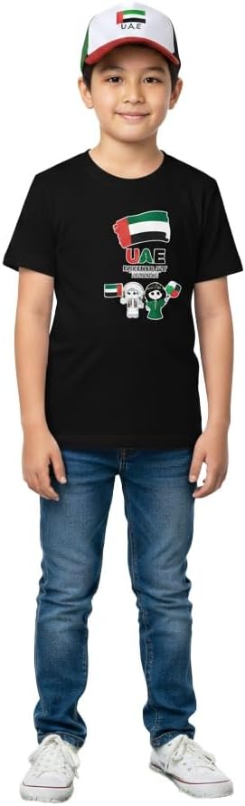 National Day Flag Pattern Black Tshirt with Cap for Kids Celebrate UAE National Day in Style UAE National Dress for National Festive Events