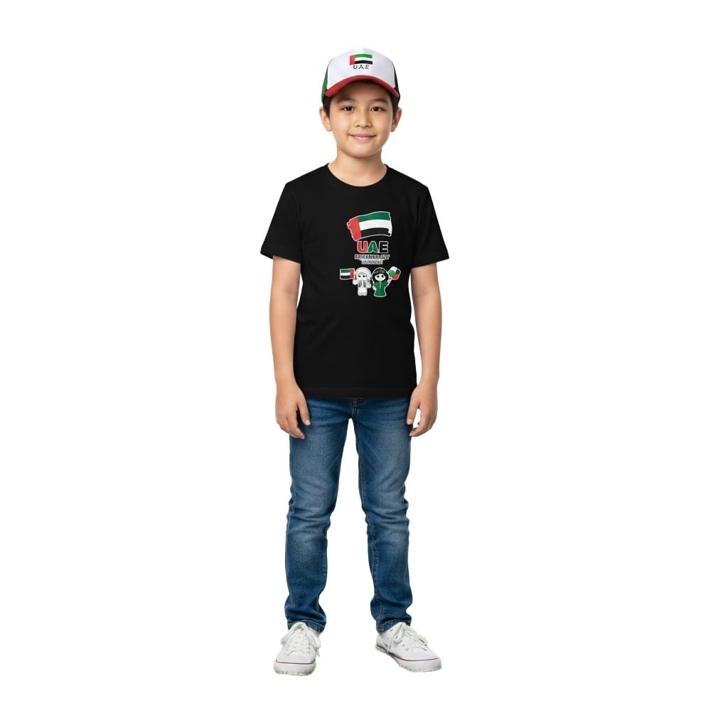 National Day Flag Pattern Black Tshirt with Cap for Kids Celebrate UAE National Day in Style UAE National Dress for National Festive Events