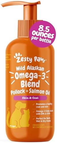 Zesty Paws Wild Alaskan Omega-3 Blend Pollock + Salmon Oil for Dogs and Cats- Skin and Coat Support, Omega 3 Supplement for Pets, 8.5oz