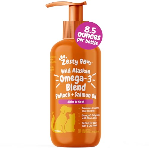 Zesty Paws Wild Alaskan Omega-3 Blend Pollock + Salmon Oil for Dogs and Cats- Skin and Coat Support,...