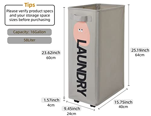 Ecowan Living 58L Slim Rolling Laundry Basket With Wheels, Stand Foldable Corner Laundry Hamper, Dirty Clothes Sorter And Organizer, Thin, Tall, Waterproof (Gray) #TOP1