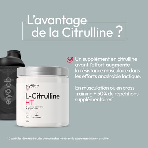 L-Citrulline HT 100% Pure | Anabolisme et Congestion Musculaire | 83 Portions | Oxygénation et Résistance des Muscles | Améliore la Circulation Sanguine | Sans Malates ni OGM | 250g | Vegan | Eiyolab – vue 4