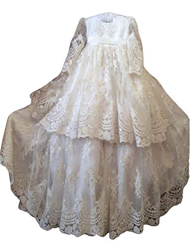 Faithclover Christening Dresses for Baby Girls Long Sleeves Floral Embroidery Lace Special Occasion Gowns with Bonnet White