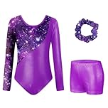 Girls Gymnastics Leotards for 5-6 Years, Long Sleeve Kids Leotards Gymnastics Girls Outfit with Shorts & Hairband, Sparkly Girls’ Gymnastics Leotard Set for Training Athletic Dance Ballet (Purple)