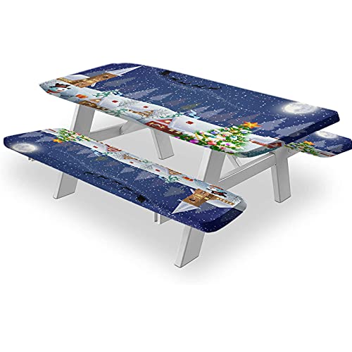 Iuvolux Christmas Picnic Fitted Tablecloth and Bench Seats Table Cover, Snowman Xmas Tree Santa Sleigh Moon Snow Elastic Edged Table Cover, 3 Pieces Set, 72x28 in Great for Party Outdoor Patio