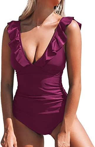 CUPSHE Badeanzug Damen V Ausschnitt Rüschen Monokini Bauchweg | V Ausschnitt,Volants,Bauchweg Raffung,Bequeme Passform,Mittlere Bedeckung,Für Strand und Pool