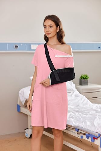 Image of Deyeek Women's Post Shoulder Surgery Hospital Gowns Tear Away Short Sleeve Full Open Side Snap Adaptive Clothing Nightgowns
