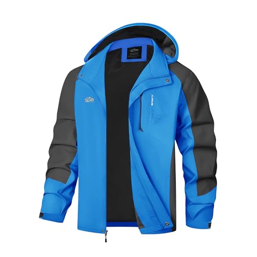 TEZO Jaqueta de chuva masculina impermeável com capuz, jaqueta corta-vento leve, Azul/cinza, G