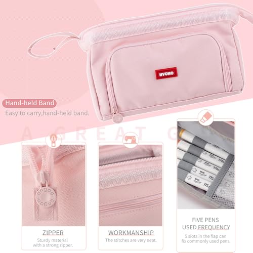 Image of HVOMO Stationery Set,1 large-capacity pencil case,5 quick-drying pens,50 waterproof stickers,2 sticky note pads(200 sheets),1 set of 10-color index labels (200 sheets),Student stationery gift(Pink)