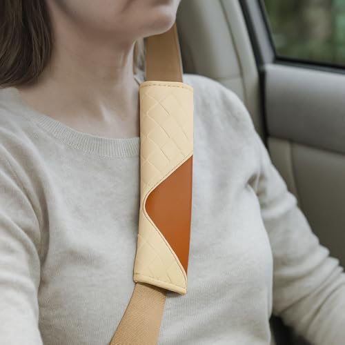 Sandfren Car Seat Belt Cover, 2PCS Soft Breathable Leather Vehicle Seat Belt Strap Shoulder Pad, Automotive Neck Protection Cushion Mat for Comfort Driving, Universal for Truck SUV Sedan (Beige) - Thumbnail 5