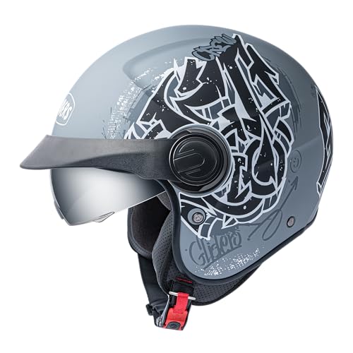Image of Gliders Jet Trio D3 ISI Certified Open Face Graphic Helmet with Peak and Clear Visor (Matt Nardo Grey with Black, L)