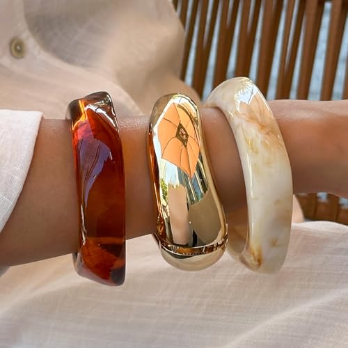 AVOGIR Chunky Acrylic Bangle Bracelet for Women Colorful Resin Bracelets Trendy Stack Statement Cuff Jewelry Gift (Gold 02) - image 7