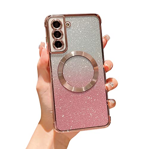 Coque Samsung S21 magnétique et antichoc avec paillettes roses