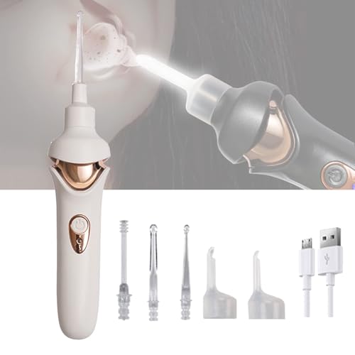Keysun Kit De Eliminación De Cera para Los Oídos Limpiador De Oídos Aspirador Eléctrico Automático Removedor De Cera para Los Oídos con Luz LED Succión Potente para Adultos Niños (Blanco)