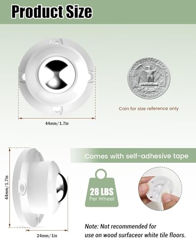 Image of TRVL FIELDER Self Adhesive Caster Wheels for Furniture, Low Profile Casters for Small Furniture, 28 LBS Load Capacity Per Steel Wheel, Rollers Sliders for Kitchen Appliances (8 PCS, White)