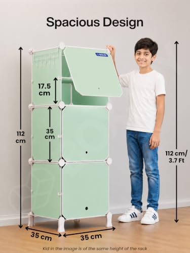 Image of BOXJOY 6 Shelf Plastic Kids Wardrobe with 3 Doors, Sticker Sheet & Holder | Foldable Bedroom Almirah Organizer with Wooden Hammer Collapsible Almira Clothes Storage Rack Cupboard for Baby Cloth (Green)