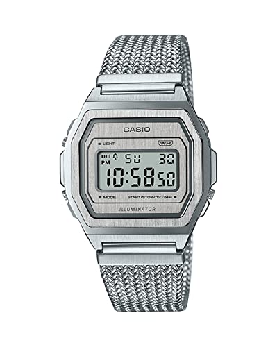 Casio Unisex Vintage A1000MA-7DF Silver Digital Dial Silver Stainless Steel Mesh Band D278