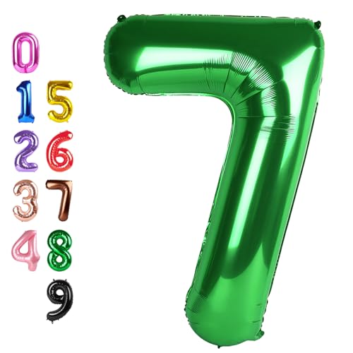 Image of Number Balloons Green 7 Balloon 40 inch for 7 Birthday Party Decorations | Saturated Color, Large 40 in, With Inflation Straw & Hanging Hole, For Back-To-School Season, Forest Picnic Party, Christmas