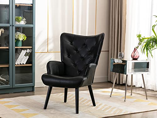 Dolonm Pu Leather Accent Chair Modern Tufted Button Wingback Reading Chair With Arms Upholstered Tall Back Side Chair With Solid Wood Legs For Living Room Bedroom Waiting Room (Black) #TOP1