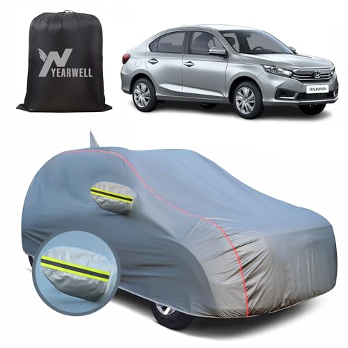 Image of Car Body Cover for Honda Amaze (2013-2017), 100% Waterproof, Heat-Resistant with Mirror & Antenna Pockets, Soft Cotton Lining, Triple Stitched, Green Reflector (Metallic Grey)