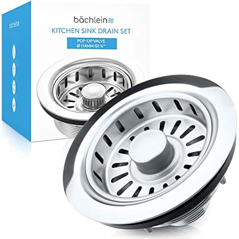 Bächlein Pop Up Drain Set for The Sink [Ø 114mm], Pop Up Now Also for The Kitchen Sink, Polished Stainless Steel Sink Drain, Strainer Basket Valve Strainer Basket Valve Cover