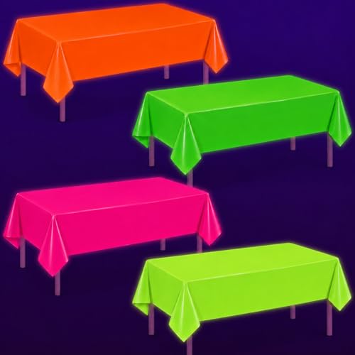 Oigco 4 Pack Neon Tablecloths Neon Party Decorations Pink Orange Green Glow in The Dark Plastic Table Cover for Glow in the Dark Party Supplies 54 x 108 Inch