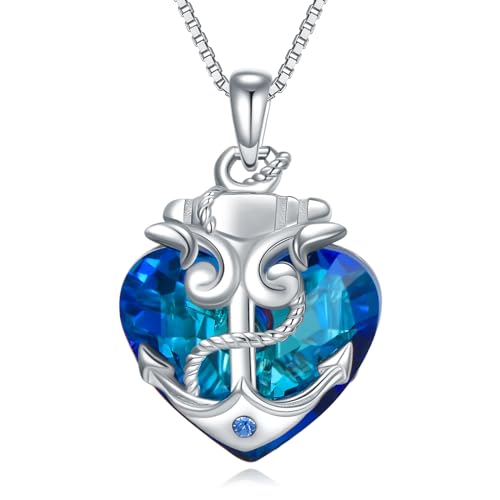 YAFEINI Anker Halskette für Damen 925 Sterling Silber Blau Ozean Herz Nautische Anhänger Kette Kristall Schmuck Weihnachten Geschenk für Mädchen Mutter Tochter (Anker Halskette)