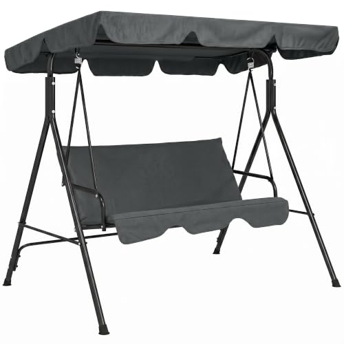 Outsunny 3 Seater Canopy Swing Chair Garden Rocking Bench Heavy Duty Patio Metal Seat w/Top Roof - Grey