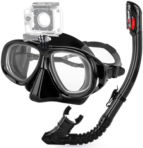 Snorkeling Gear for Adults Youth, Nearsighted Anti-Fog Diving Mask & Silicone Dry Snorkel for Scuba Diving Spearfishing Freediving (Black, -3.5)