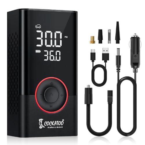 Image of Cockatoo ATJ-005 Tyre inflator Portable Air Compressor Pump with LED Display, 80W Power, 2x2000mAh Battery, Fast Inflation, Tire Pressure Monitoring, Lighting, SOS, and USB Charging