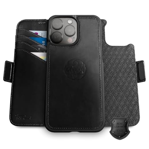 Dreem Fibonacci Wallet Case for iPhone 16 Pro Max / 2-in-1 shockproof case; MagSafe compatible with Detachable Luxury Real Leather Folio; RFID Card Protection; for Women and Men [Black (Real Leather)]