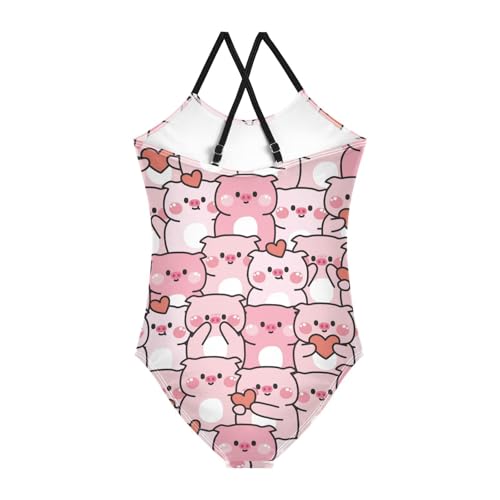 Cute Pig Girls One Piece Swimsuits Heart Animal Sport Halter Swimwear Beach Bathing Suit 5-6T Multi2
