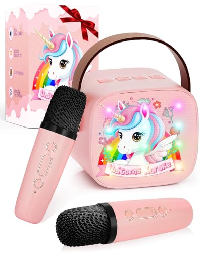 Karaoke Infantil con 2 Micrófonos Inalámbricos, Luces LED y Cambiador de Voz, Micrófono Bluetooth para Niñas 3-12 Años, Regalo Cumpleaños, Juguetes Musicales Unicornios, Karaoke per Bambini