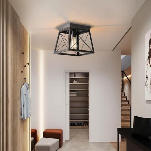 QVVFRED Retro Industrial Ceiling Light, Square Semi Flush Mount Lamp, Farmhouse Mini Ceiling Lamps, Vintage Ceiling Lighti with E26/E27 Bulb, Perfect for Dining Room, Bedroom, Lighting Fixtures(B)
