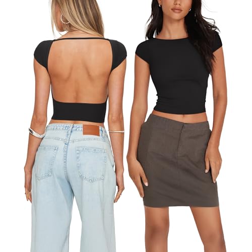 REORIA Women's Sexy Backless Going Out Crop Tops Double Lined T Shirts Open Back Y2k Trendy Crop Tops2