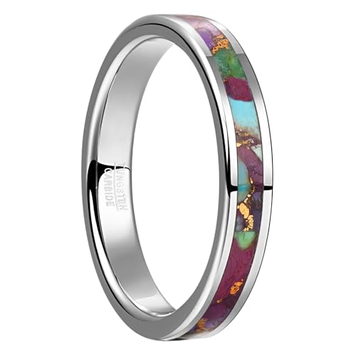 Vakki Silver Tungsten for Women Wedding Bands Inlaid with Purple Copper Turquoise Promise Ring Jewelry Gift for Wife Brides Mother Comfort Fit Size 7-12