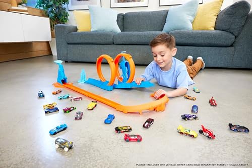 image for Hot Wheels Toy Car Track Set, Triple Loop Pack & 1:64 Scale Vehicle, T