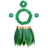 PIXHOTUL Leaf Hula Skirt and Hibiscus Leis Set Hawaiian Costumes for Beach Luau Party (Green+Pink)