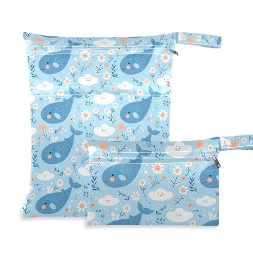 Coikll Wet Dry Bags for Cloth Diaper 2 Pack Waterproof Yoga Gym Bag for Swimsuit Wet Clothes Baby Items-?Cute Whales?