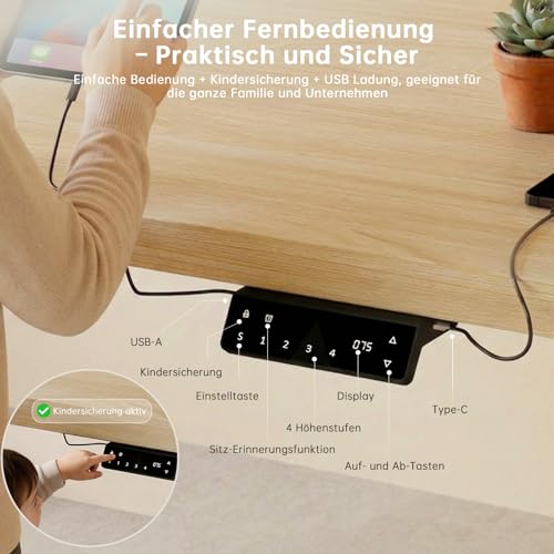 Devoko Höhenverstellbarer Schreibtisch mit 2 Motoren，25mm Einteilige Tischplatte, 160x80 cm Mobiler Elektrisch Computertisch mit Kabel… – Ansicht 4
