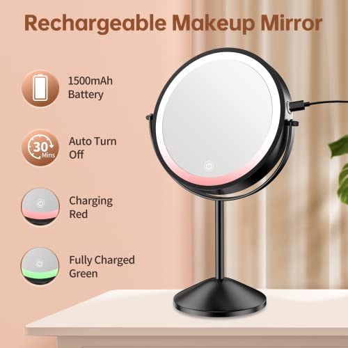 Benbilry 8" Lighted Makeup Vanity Mirror With 3 Color Dimmable Lights, 1X/10X Magnifying Rechargeable Double Sided Cosmetic Mirror, 360° Swivel Light Up Cordless Standing Mirror Black #TOP5