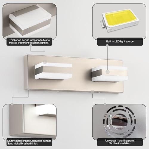 Image of SOLFART 2 Light Brushed Nickel Vanity Lights for Bathroom Over Mirror, Modern LED Lighting Fixture, 14 Inch Cool Light