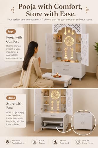 Image of Wooden Temple for Home with LED Light and Pooja chowki (Sitting Table), White Engineered Wood Pooja Mandir, 57 inch Height, Pre-Assembled