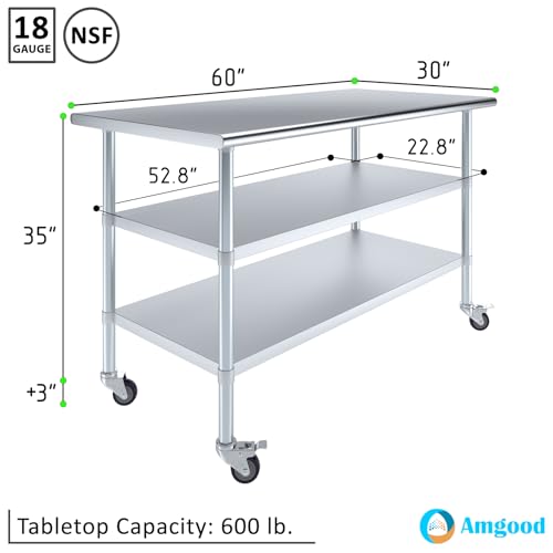 Image of AmGood Stainless Steel Work Table with 2 Shelves and Casters | Metal Utility Table On Wheels (Stainless Steel Work Table with 2 Shelves + Casters, 60 inch Long x 30 inch Deep)