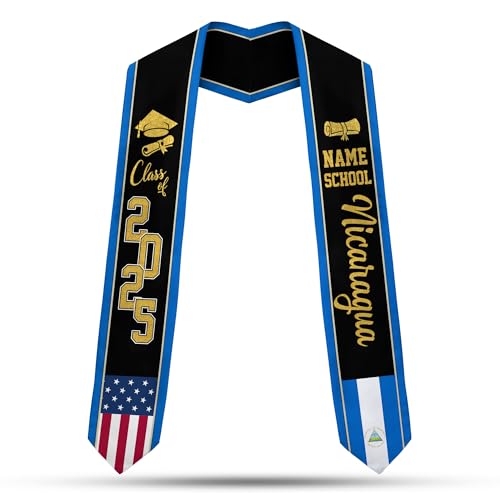 MonkeyVan Personalized Nicaragua Graduation Stole,Custom Nicaraguan Flag Graduation Sash,Nicaragua Stole Class of 2025 Sash S3