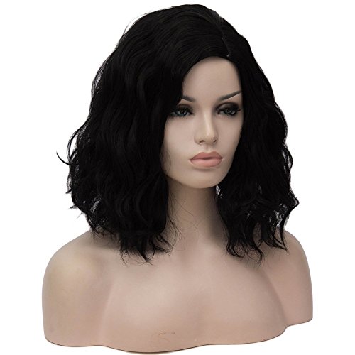 Cying Lin Short Bob Wavy Curly Wig Black Wig For Women Cosplay Halloween Wigs Heat Resistant Bob Party Wig Include Wig Cap (Dark Black) - Thumbnail 2